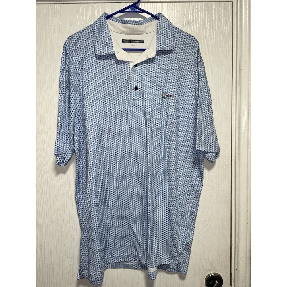 Greg Norman Polo Shirt Mens XXL Blue Geometric Texport Golf Pima Cotton Blend‎